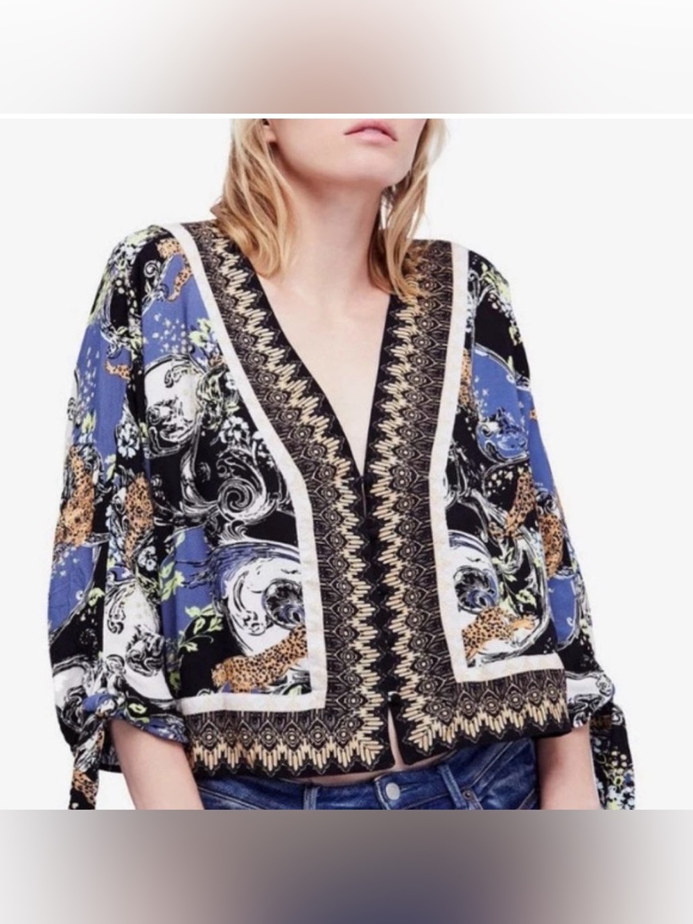 Free People Catch Me If You Can Tie Sleeve Multi Color Boho Top Small